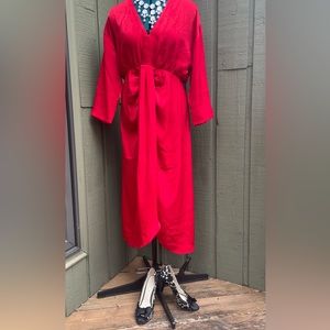 DKNY Scarlet Red MIDI Dress with V-Neck Draped front detail